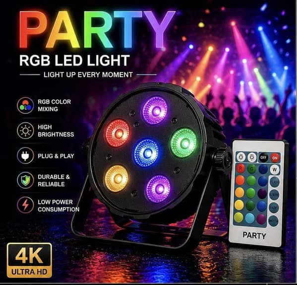 RGB Par Light RGB COLOUR MIXING · 6 LED · REMOTE FADE · FLASH · PLUG & PLAY