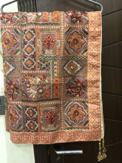 Heavy Embroidered Organza Dupatta with Tilla Work & Tassels