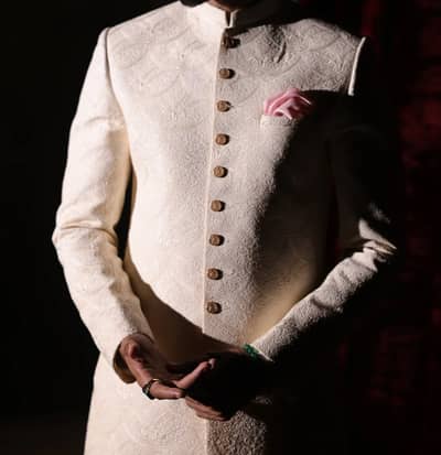 Mens Sherwani (White Self Embroidered Sherwani)