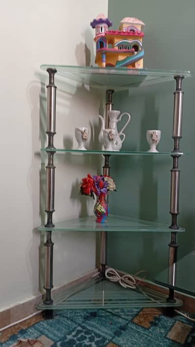 4-Tier Glass Corner Rack / Display Stand – Metal Frame – Good Conditio