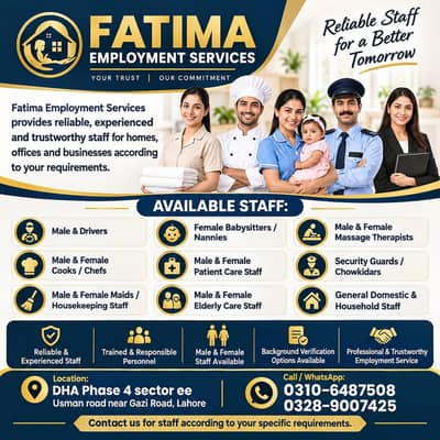 Female Babysitter, Maid, Cook & Patient Care Staff Required – Lahore