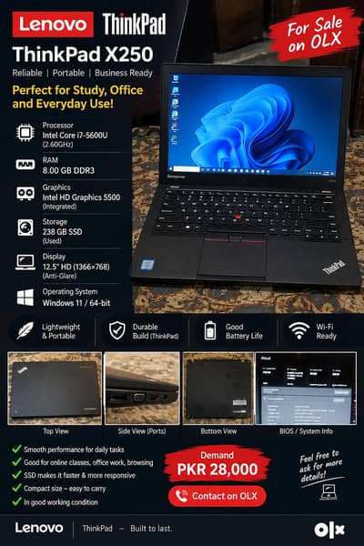 Lenovo ThinkPad X250 — i7 5th 8gb ram 256 ssd Price negotiable