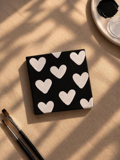 Handmade Mini Canvas Painting | 4×4 Inch | Black & White Hearts