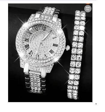 2-Pcs Elegant Women's Round Dial Watch and Sparkling Bracelet Set - Silver A R3817