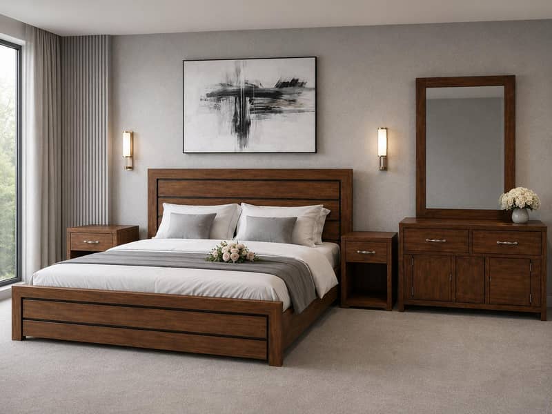 wooden bed set complete dressing table 0