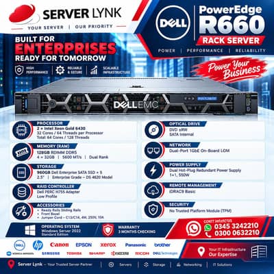 Dell PowerEdge R660 Rack Server | 2× Xeon Gold 6430 | 64 Core |128 SSD
