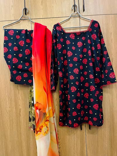 3 pc farshi shalwar kameez with chiffon duppata