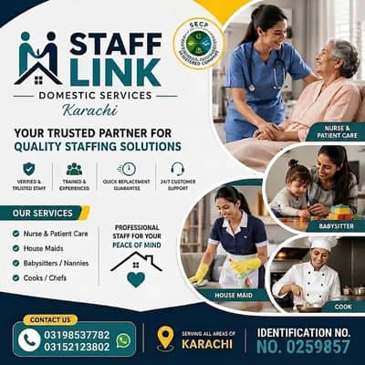 House Maids Baby Sitter Cook Drivers Chef Couple all Domestic staff