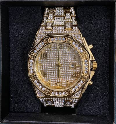Stylish Gold Iced-Out Watch with Box