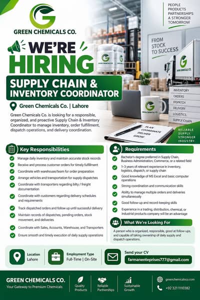 Supply Chain |  Inventory Coordinator Job  | Job in Lahore