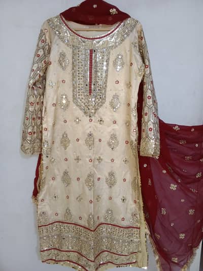 Maroon and Fawn Golden Farshi Shararah with Shirt and Duapatta.