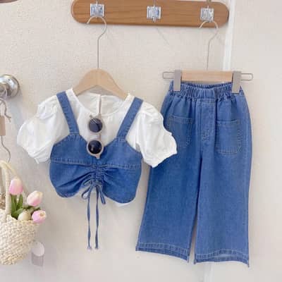 Girls Denim 3-Pice Suit Blue White Puff Sleeves