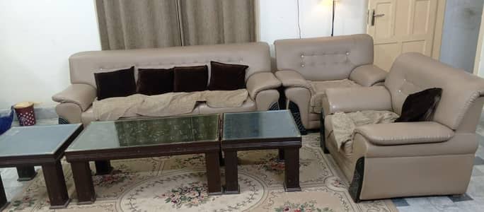 5-Seater Rexine Sofa Set with 2 Side Tables & 1 Center Table