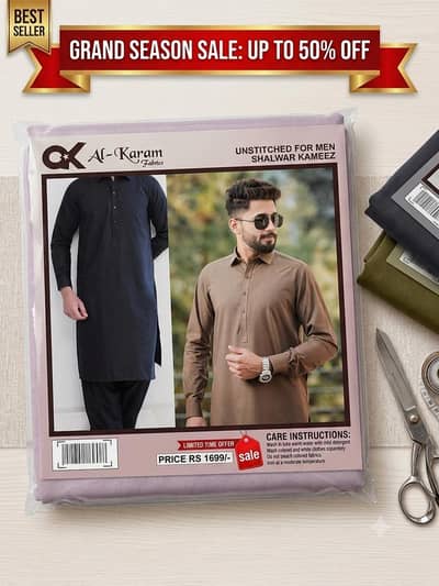 Al-Karam Unstitched Men’s Shalwar Kameez – Premium Fabric