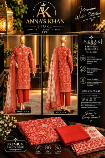 mehak essential khaddar 3, piece printed suit for women  khaddar shirt