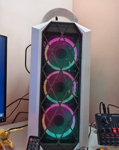 gaming pc with monitor, mic setup, headphones