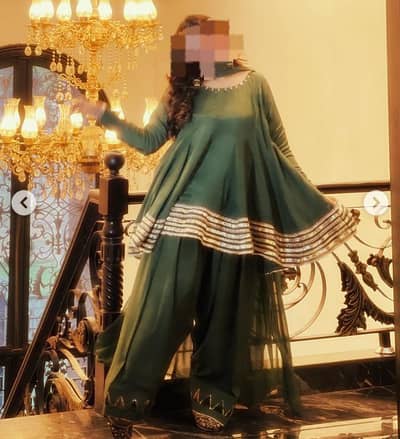 Elegant Olive green fancy frock with detailed handwork-Unworn Size M-L
