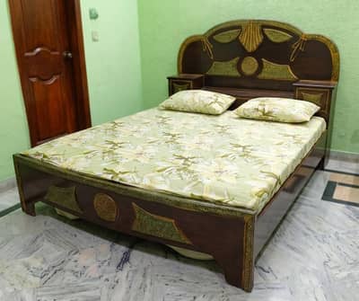 Elegant Dark Polish Wooden Double Bed for Sale