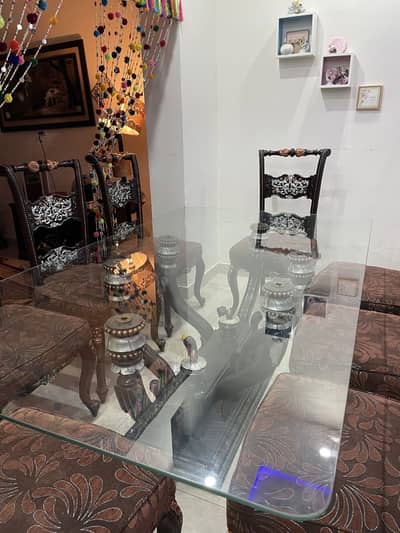 8 Seater Chinioti Dining Table Set | Solid Wood | Glass Top | 8 Chairs