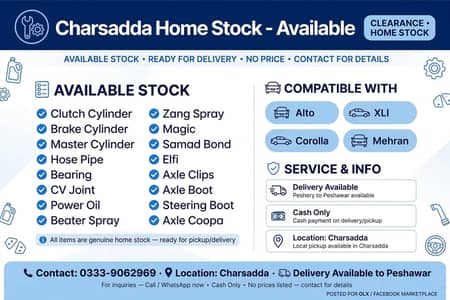 Toyota Xli corolla Mehran spare parts Bulk stock for sale Charsadda