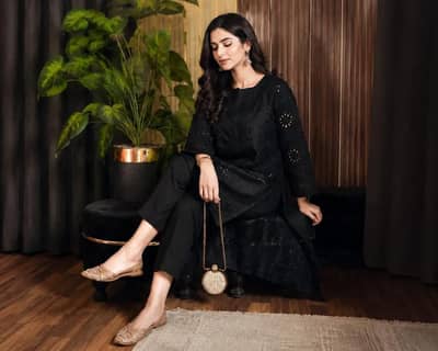 Black Boring 2 Pcs Women's Stitched Cotton Embroidered Suit