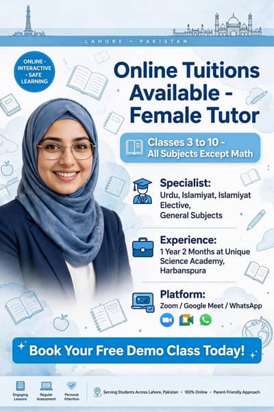 online female tutor for class 3 to 10 all subjects