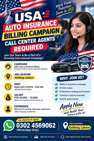 Call Center Agents Required- USA Auto Insurance Campaign-Gulberg Lahor