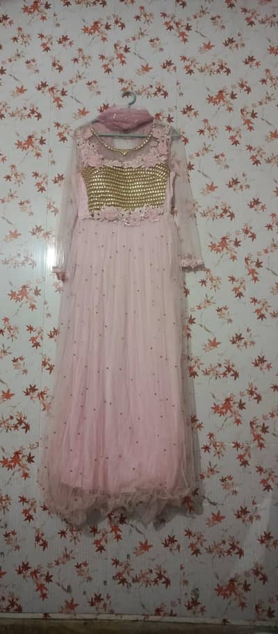 Baby pink party/ wedding wear net maxi, heavy pearl and stone work.
