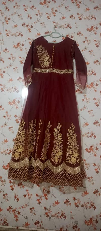 Maroon Net Maxi Frock, Heavy Golden Embroidery,  1 Time worn, like New