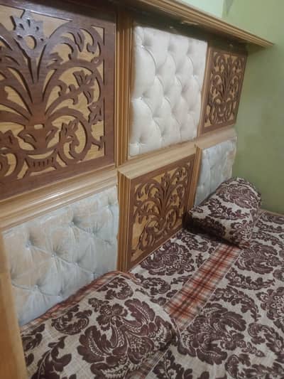 peach wood king size bed with 2 side tables and dressing table