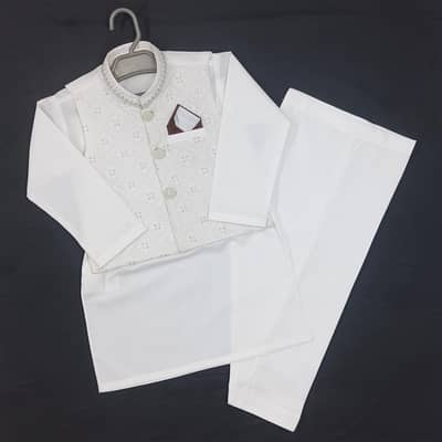 Boys 3 Piece Kameez Shalwar with Koti - White & Cream.