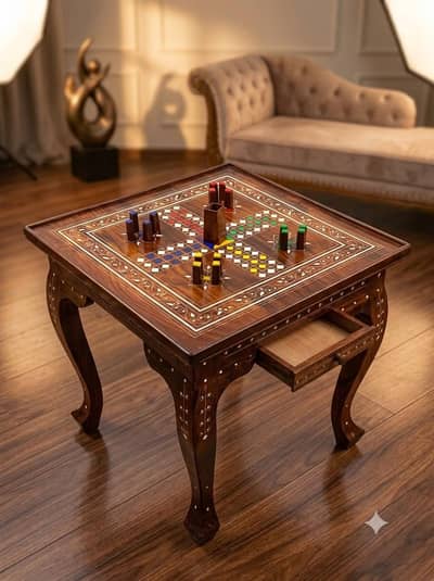 Handcrafted Wooden Ludo Table with Drawer, Ludo Table, Ludo