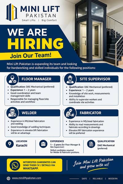 WE ARE HIRING – MINI LIFT PAKISTAN