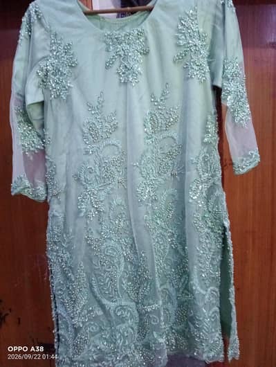 Net shirt inner silk |Trouser Pure Silk |Crape dupata with perl lais.
