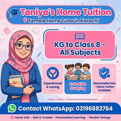 Female home tutor milliat town, karachi KG to 8th all subjects
