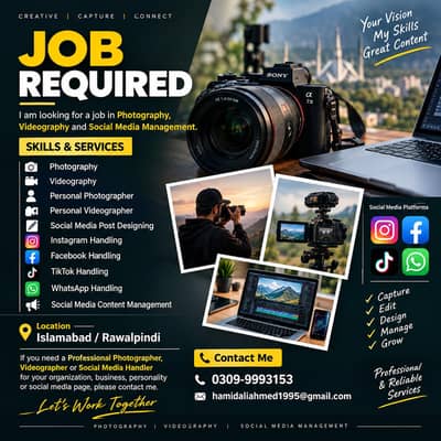 Professional Photographer, Videographer & Social media handling job