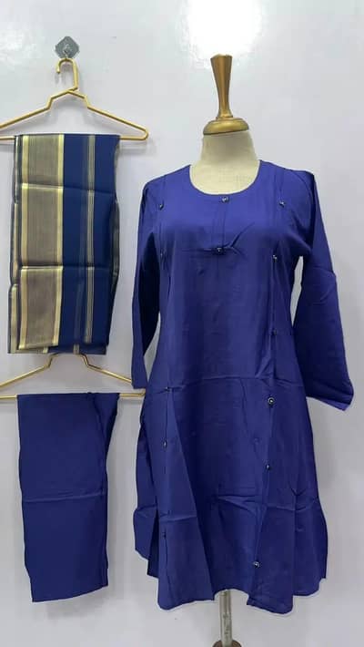 3 piece linen stitched womens plain suit with argenza dupatta