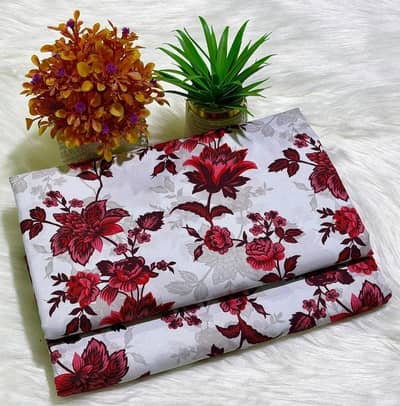 Women Printed Floral Unstitched Cotton Suit Red White