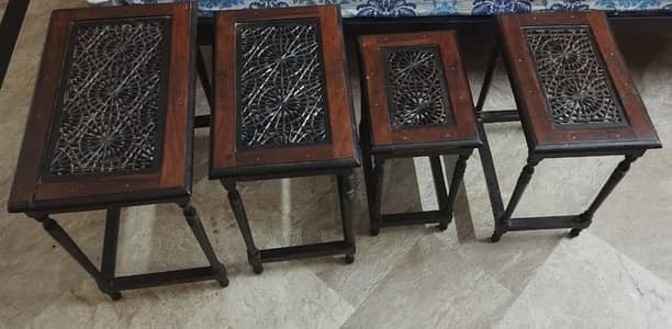 4 Piece Wooden Nesting Tables / Carved Wooden Nest of Tables Set