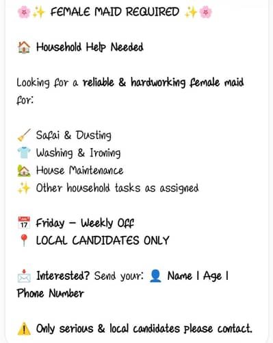 Need a female maid for 4 hours daily.