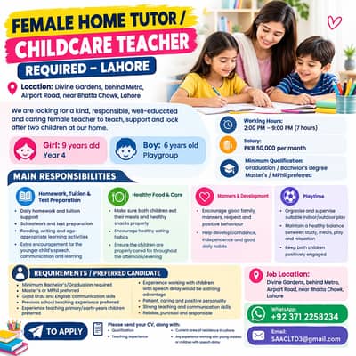 Female Home Job || Childcare Teacher Required || Tutor Job in Home