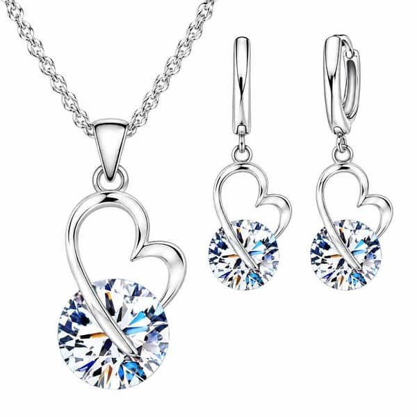 Sterling Silver Jewelry Set – Romantic Heart Zircon Necklace & Earrings