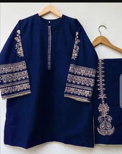 Blue front lace work embroidery shirt with Emb trouser 2 pcs