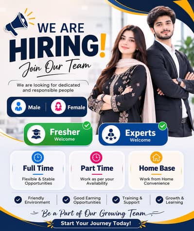 we are hiring staff male and female fresher and experts.