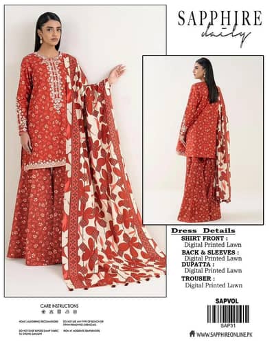 Sapphire daily Red Floral three 3pc lawn unstitch latest