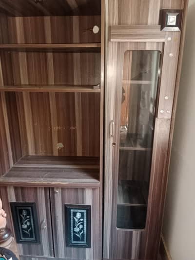 wooden wordrobe with glass & storage shelves urgent sale
