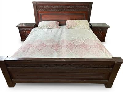 Solid Wood King Size Bed with 2 Matching Side Tables (Glass Tops)