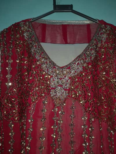 Beautiful Red Embroidered Party Wear Frock with Trouser | Pre-Loved