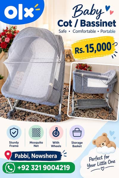 Baby Cot / Bassinet with Mosquito Net – Excellent Condition