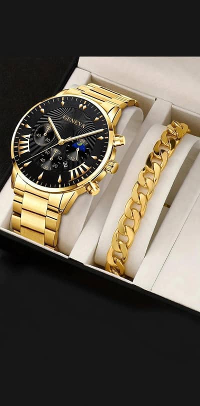 Geneva Golden Watch + Bracelet For Men New